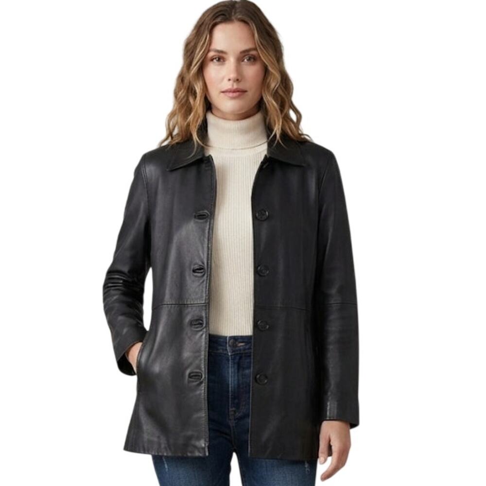 JLC New York Outerwear Black Leather Mid Length Button Up Jacket Small